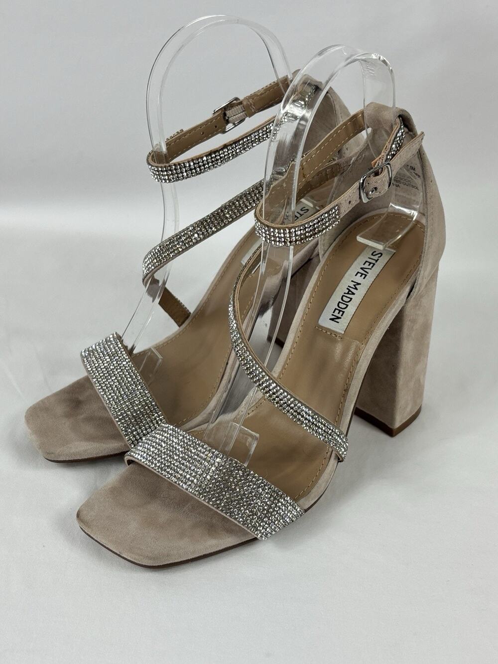 Steve Madden Varali Nude Sandals 7.5 Rhinestone Block Heel Suede